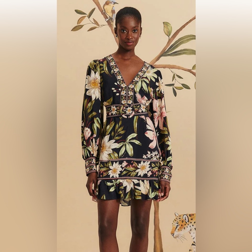FARM Rio Black Floral V-Neck Mini Dress with Green & Pink Botanicals